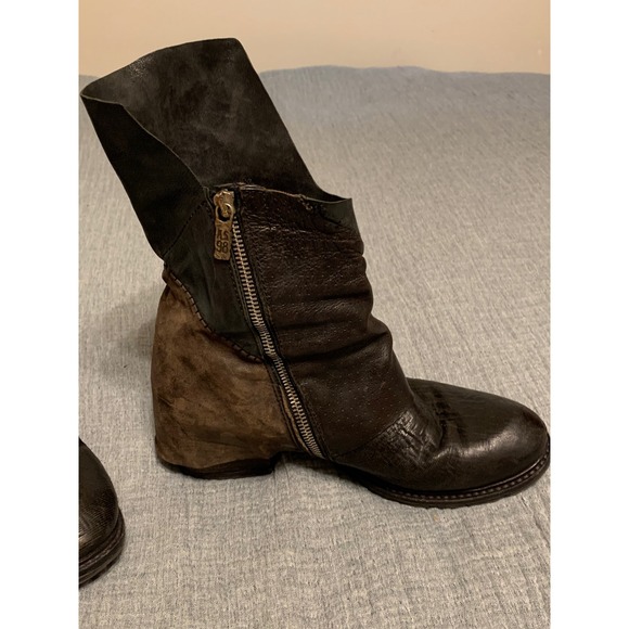 A.S. 98 Brown Leather Foldover Moto Boots Side Zip Chunky Heel Women's Size 40 - Picture 2 of 12